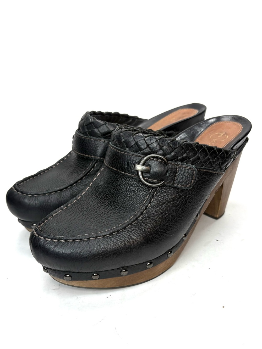 Earthies Black Leather Heeled Platform Clogs | 7.5
